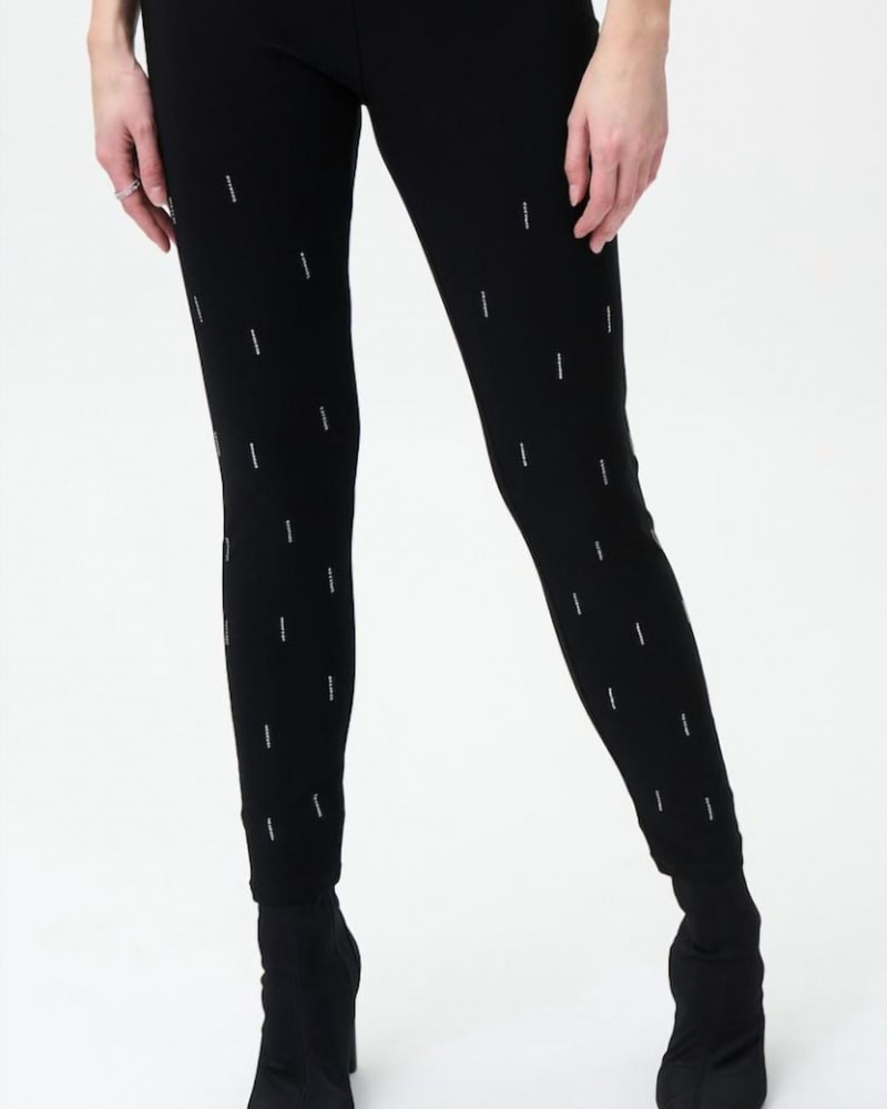 Front of a model wearing a size 10 Embellished Legging In Black in Black by Joseph Ribkoff. | dia_product_style_image_id:353350